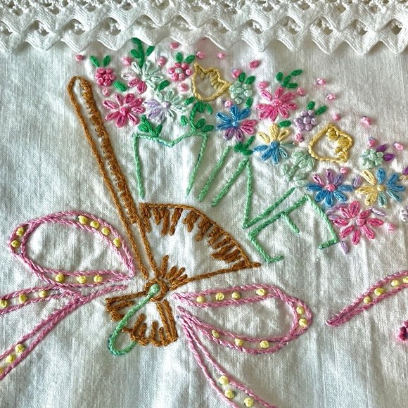 Bedding Vintage Hand Embroidered Mine Yours Pillowcases Crochet Lace